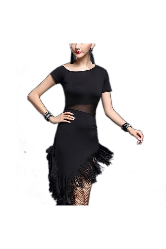 Fringe Square Ballroom Rumba Jazz Performance Practice Dance Wear Dresses Outfit Black