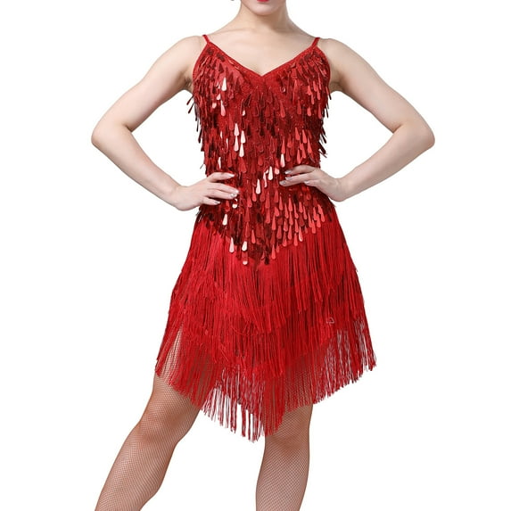 Whitewed Fringe V Neck Sequin Ballroom Latin Competition Dresses