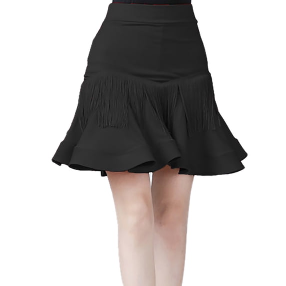 Whitewed Ladies Ruffle Tassel Flare Latin Zouk Argentine Tango Salsa Dance Practice Competion Skirts Wear with Crinoline Black
