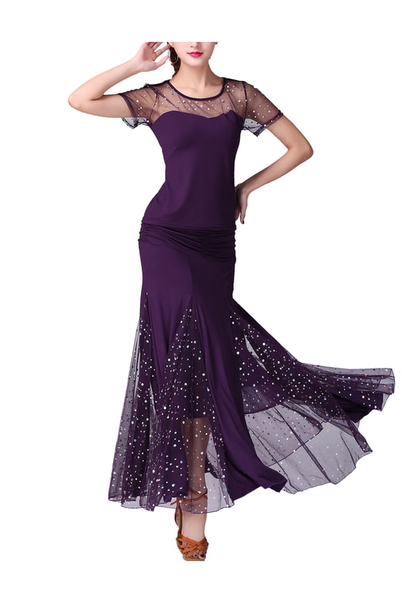 Long Ballroom Flamenco Modern Dance Recital Performance Wear Clothes Purple