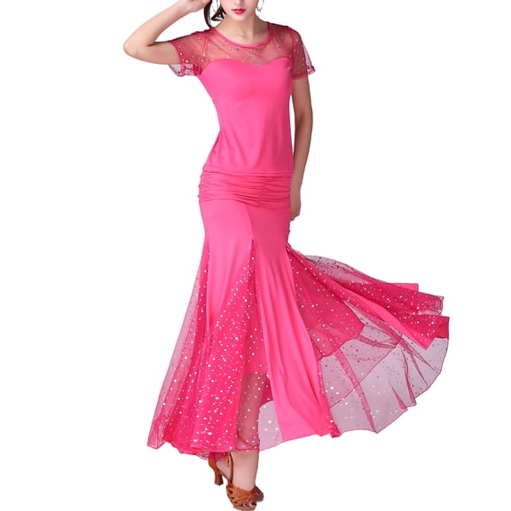 Whitewed Long Flowy Modern Ballroom Waltz Dance Practice Performance Clothes Gown Rose Red