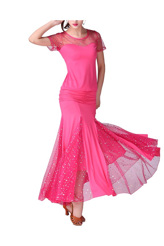 Long Flowy Modern Ballroom Waltz Dance Practice Performance Clothes Gown Rose Red