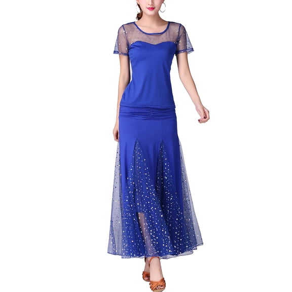 Whitewed Long Modern Standard International Ballroom Dance Competition Class Attire Gowns Blue