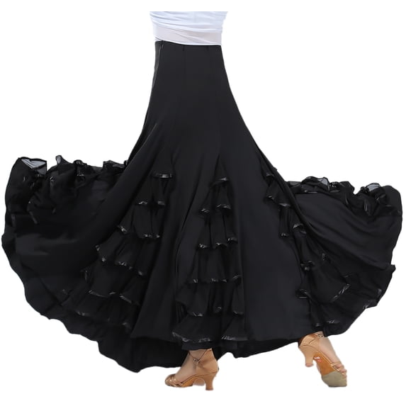 Whitewed Long Ruffle Flamenco Ballroom Dancers Group Team Practice Wear Skirt Black
