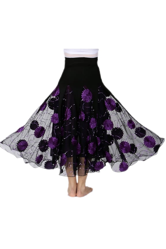Long Sparkle Flowy Tulle Ballroom Practice Performance Dance Skirts Wear Purple