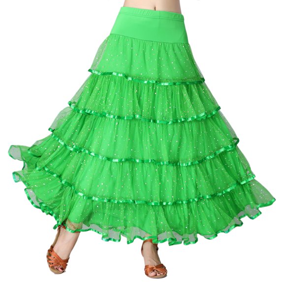 Whitewed Ruffle Long Dance Skirt for Ballroom Social Dancing Class Activity Holiday Twirl Green