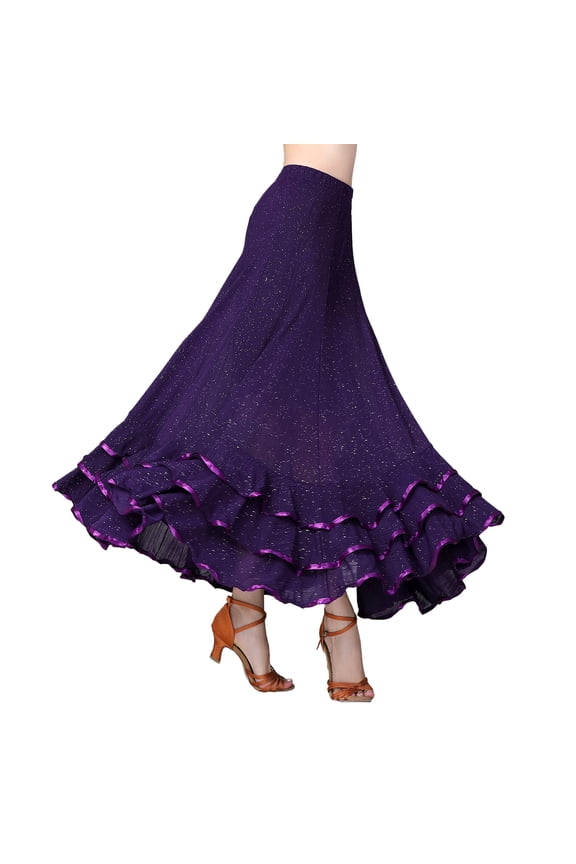 Ruffle Sparkle Long Skirt Maxi Ballroom Latin Dance Practice Performance Circle Skirts