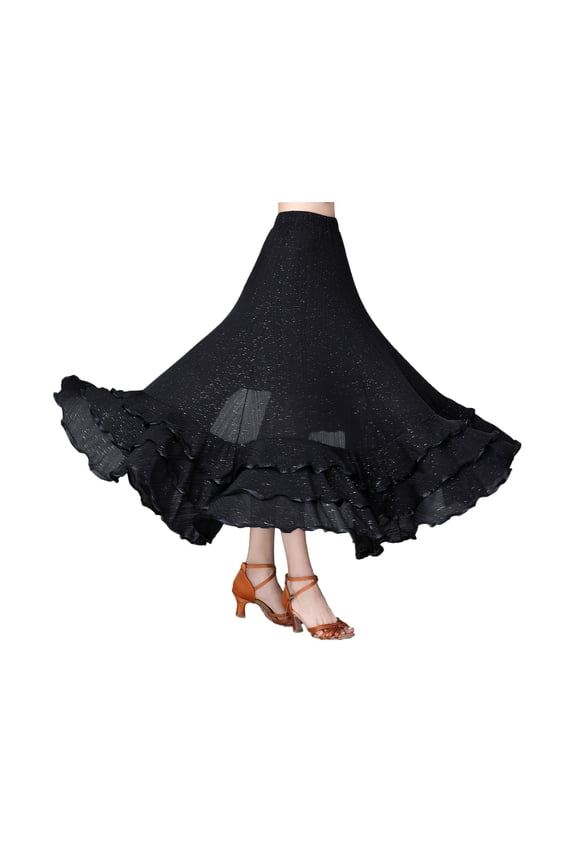 Ruffle Sparkle Long Skirt Maxi Ballroom Latin Dance Practice Performance Circle Skirts