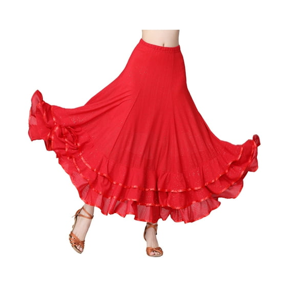Whitewed Ruffle Sparkle Long Skirt Maxi Ballroom Latin Dance Practice Performance Circle Skirts