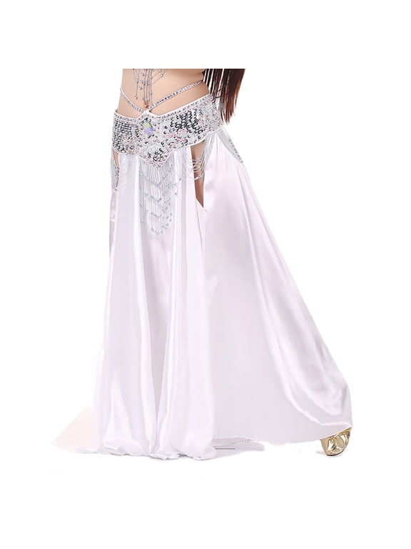 Satin Side Slit Egyptian Cabaret Style Belly Dance Clothing Panel Skirt White