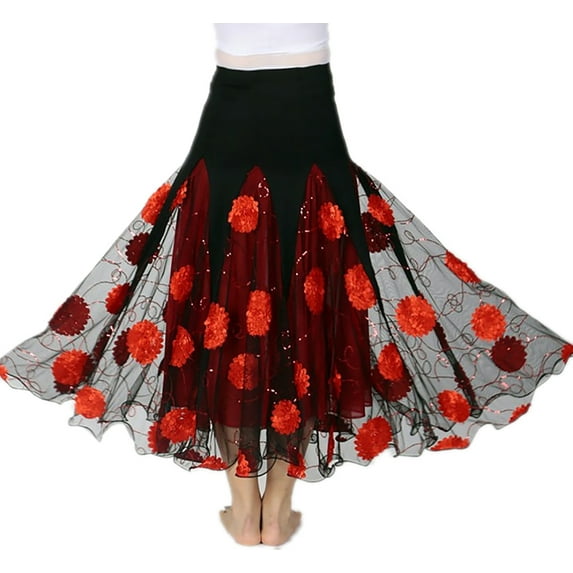 Whitewed Sequin Floral Tango Foxtrot Ballroom Smooth Flamenco Night National Dance Skirt