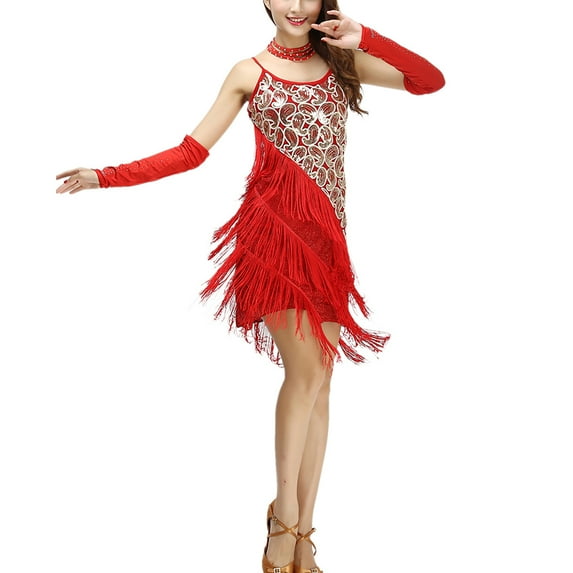 Whitewed Women's Sequin Tassel 1920s Fashion Knitted Jersey Jazz Dresses Red/Gold