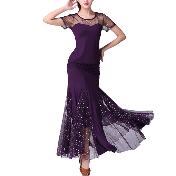 Whitewed Womens Long Flamenco Smooth Ballroom Dance Dancer Party Performance Wear Purple