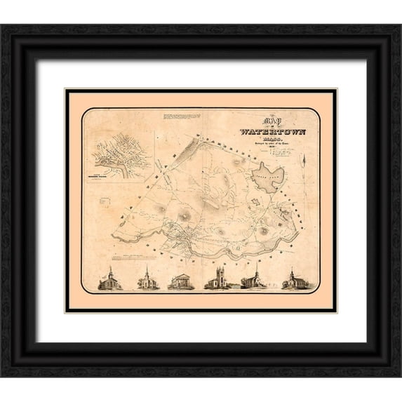 Whiting 31x26 Black Ornate Wood Framed with Double Matting Museum Art Print Titled - Watertown Massachusetts - Whiting 1850