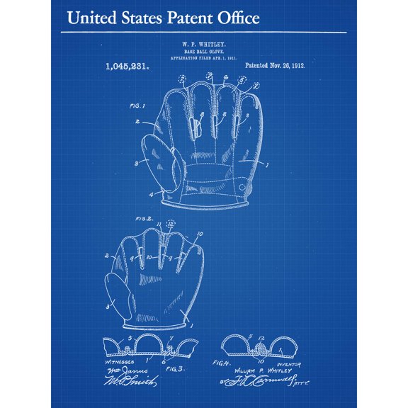 Whitley Base Ball Glove 1912 Vintage Patent Plan Extra Large XL Wall Art Poster Print