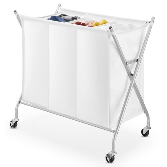 Whitmor 3-Section Rolling Laundry Sorter, Metal Frame with Fabric Laundry Bag, Silver/White