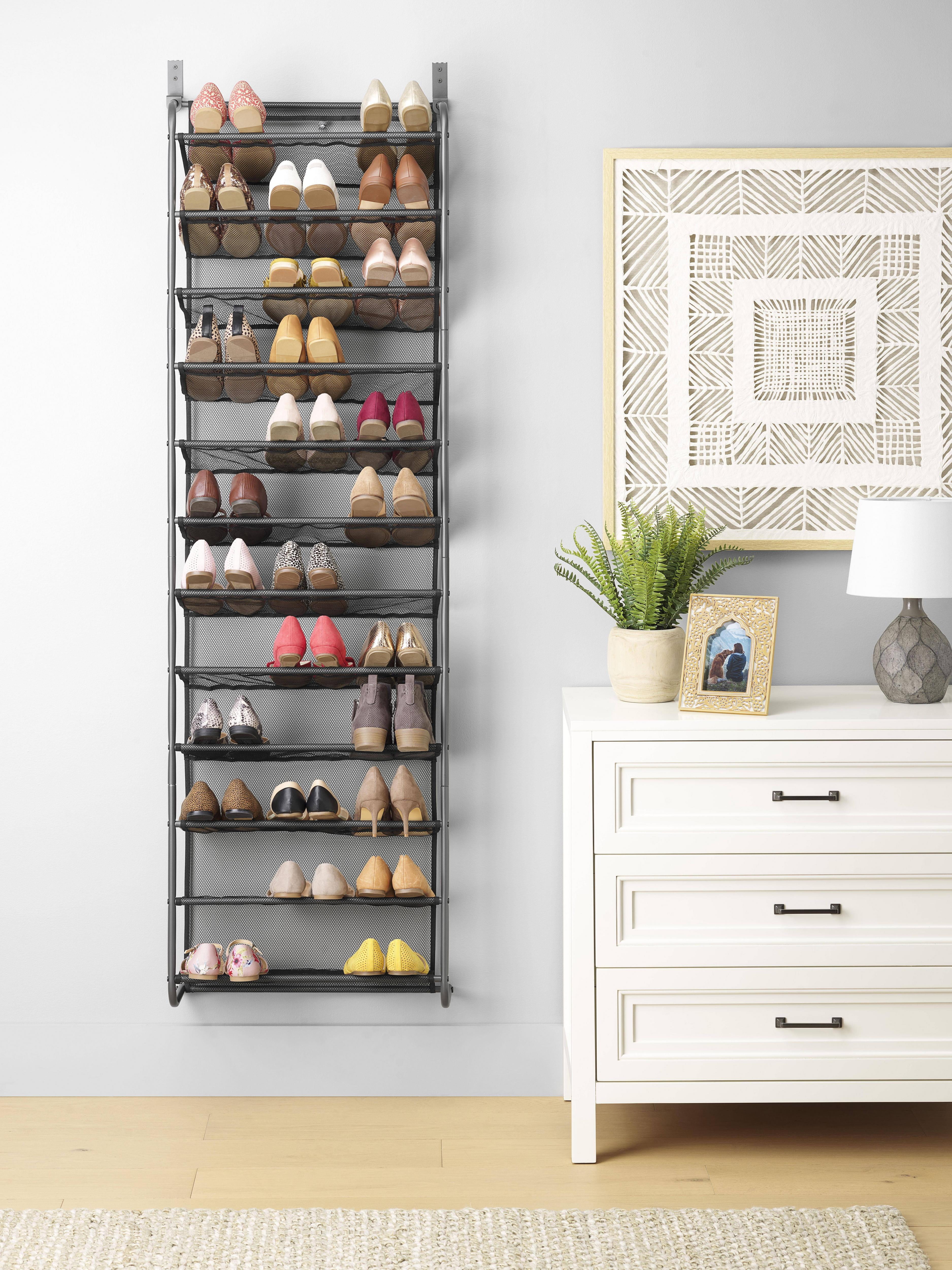 Gunmetal Gray Over-the-Door 36-Pair Shoe Rack with Mesh