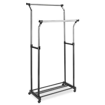 Whitmor Adjustable Double Rolling Garment Rack, Metal, Black/Chrome, Assembled 22 L x 34. 5 W x 68 H inches