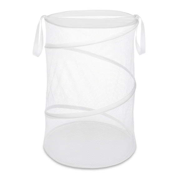 Whitmor Collapsible Mesh Laundry Hamper with Handles, White, for Adult or Teen Use