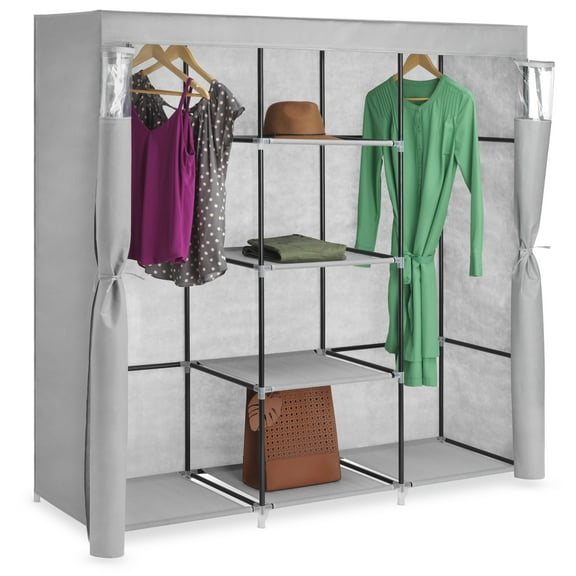 Whitmor Covered Wardrobe with Fabric Storage Shelves Gray-Freestanding Closet Organizer - Adult Use