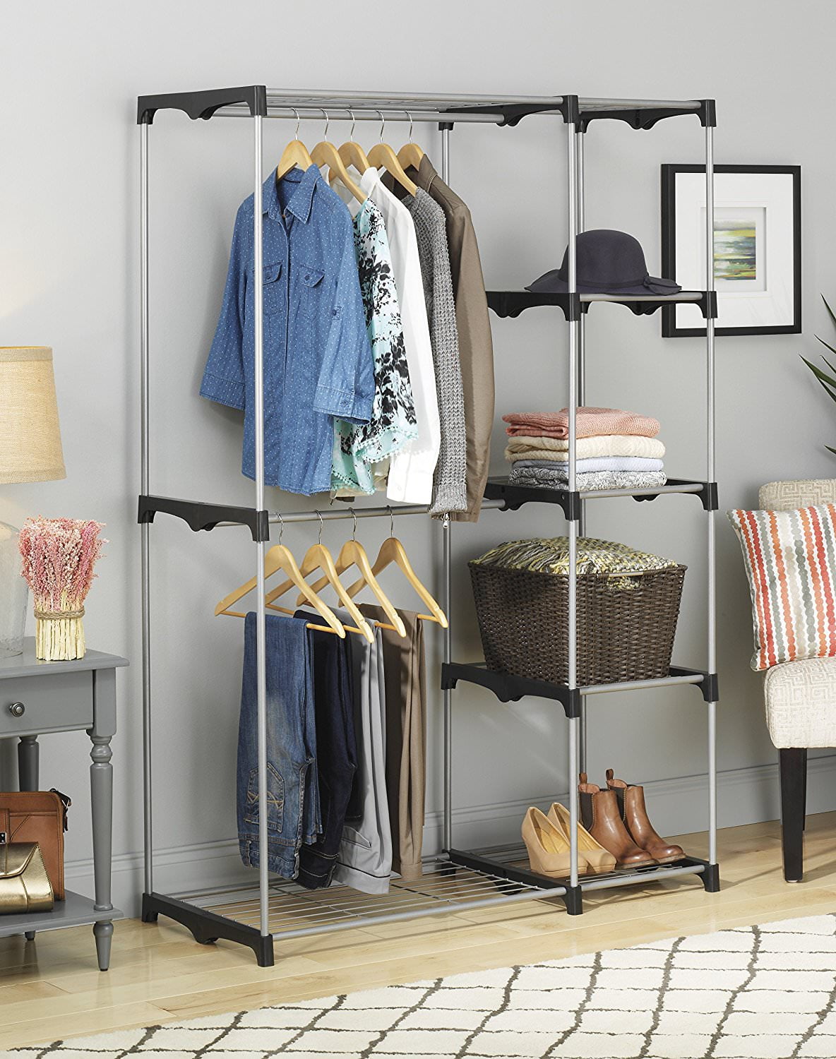 Whitmor Double Rod Closet System, Metal with Resin Connectors, Silver and Black, Adult