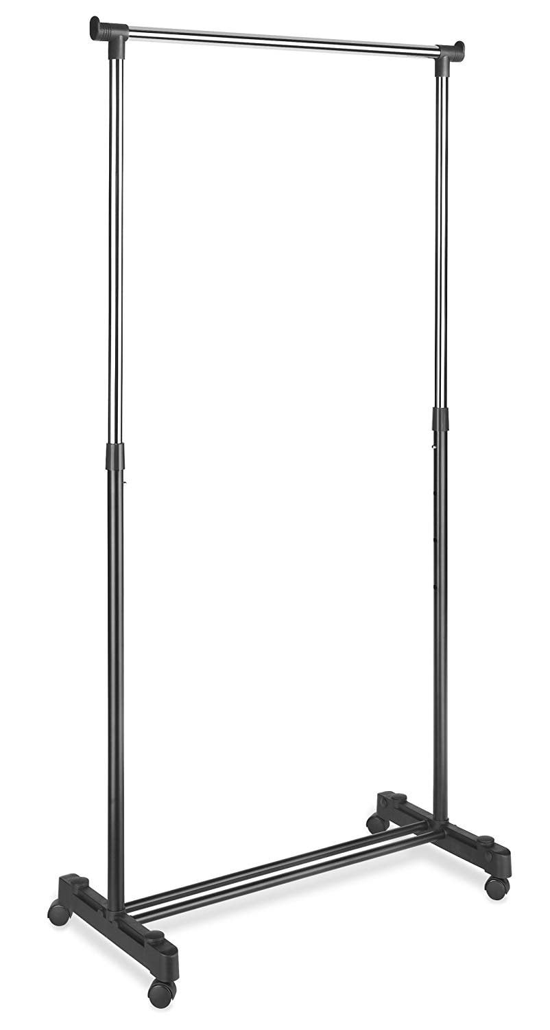 Adjustable Height Chrome and Black Rolling Garment Rack
