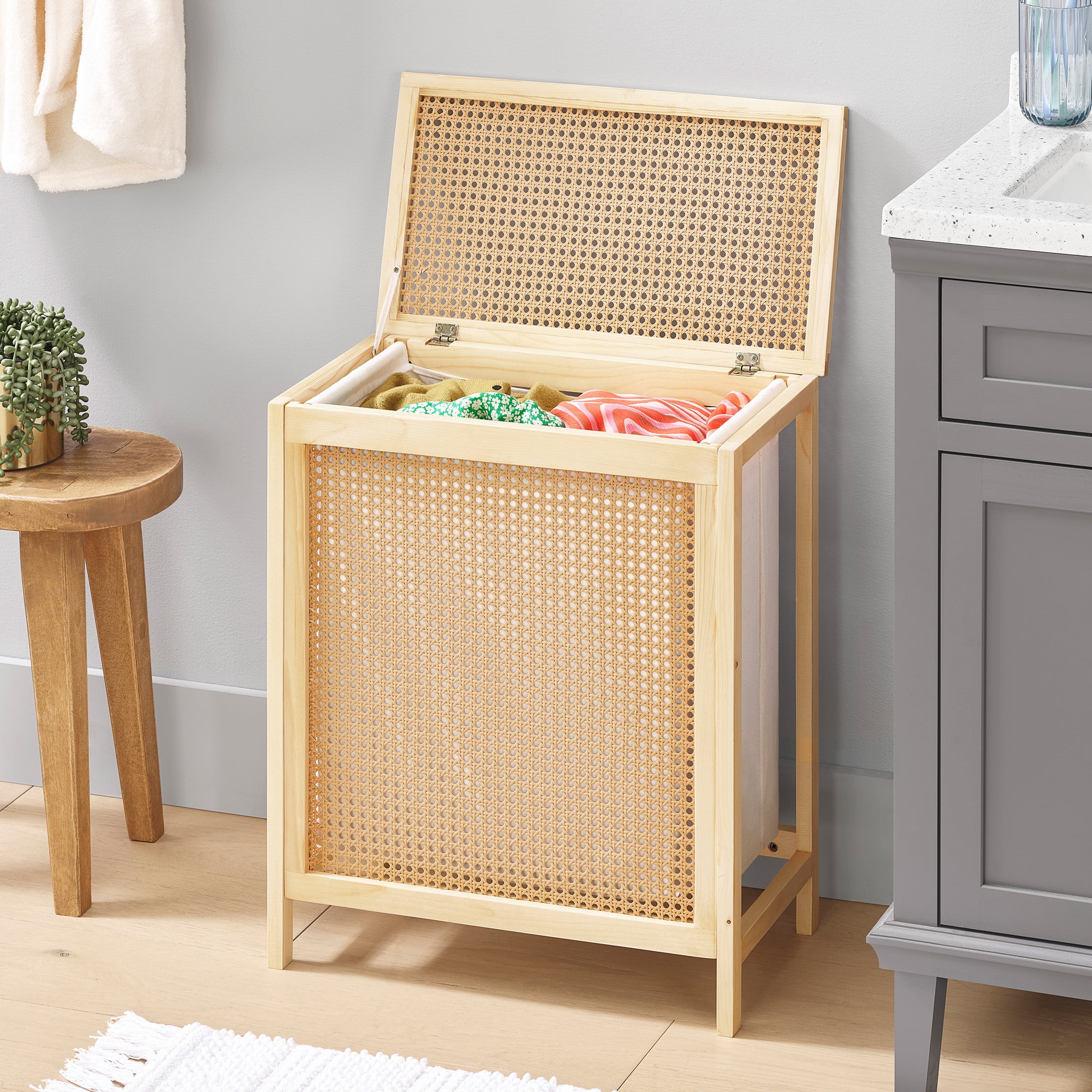 Whitmor Faux Rattan Lidded Laundry Basket with Removable Polycotton Liner