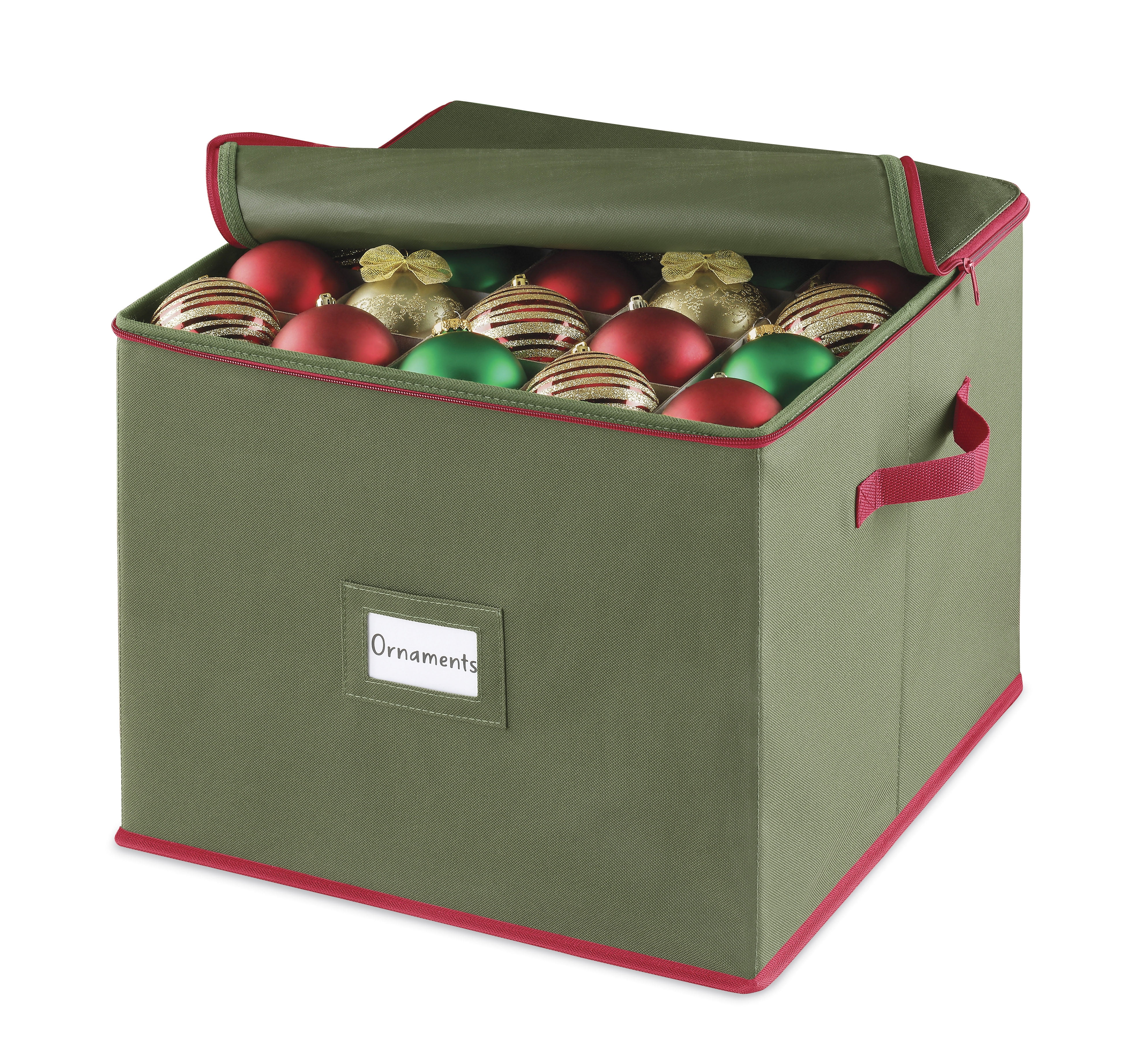 Whitmor Large Polyester Christmas Ornament Box 75 Sections, Green W/Red Trim - Adult Use