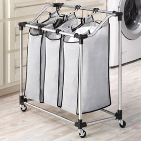 Whitmor 3-Section Rolling Laundry Sorter, Metal Frame with Removeable Foam-Mesh Laundry Bags, Chrome/White