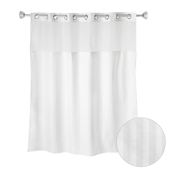 Whitmor No Hook Chrome Split Ring Herringbone Pattern Shower Curtain, w/Window & Snap-In Liner, 71" x 77"
