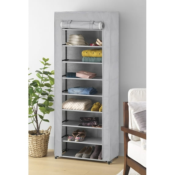 Whitmor Spacemaker Storage Rack with Fabric Cover, Space-Saving Shoe & Garment Shelf, 9-Tiers, Gray