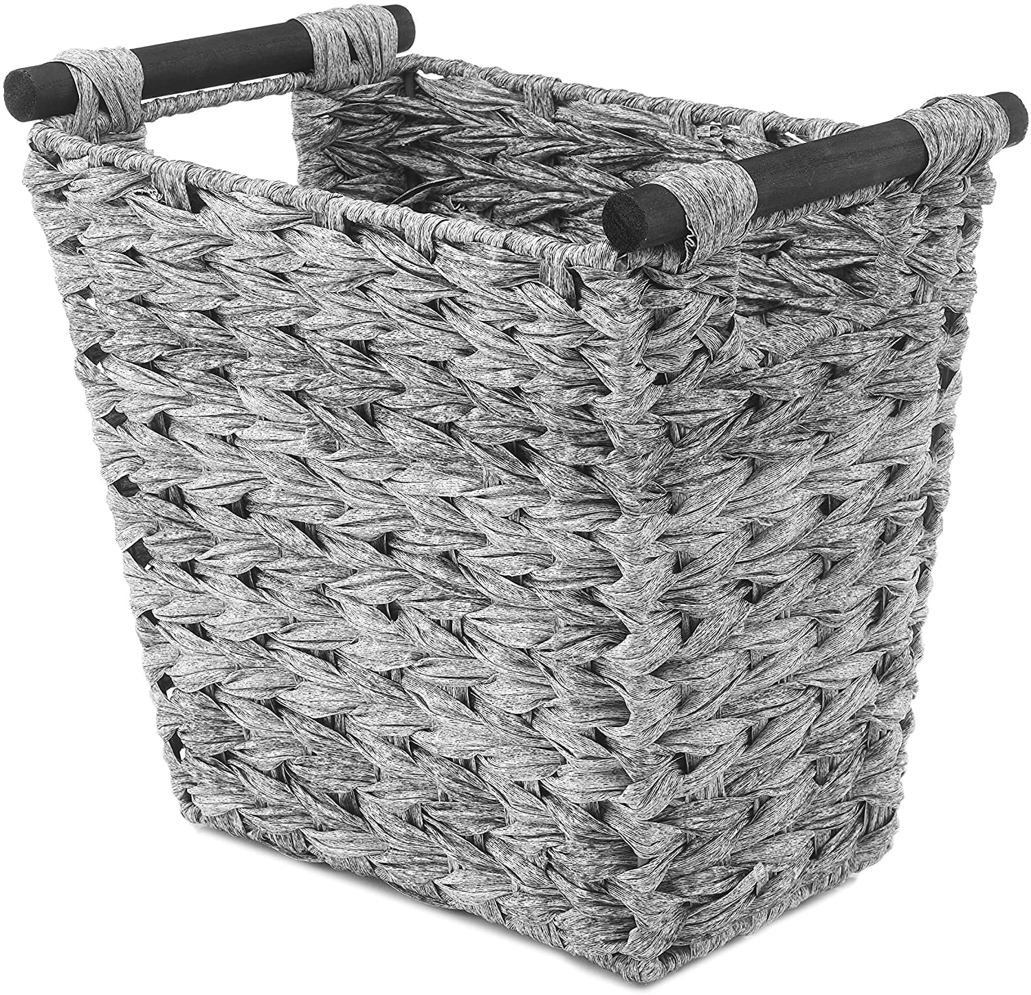 Gray Woven Plastic Waste Basket with Wood Handles