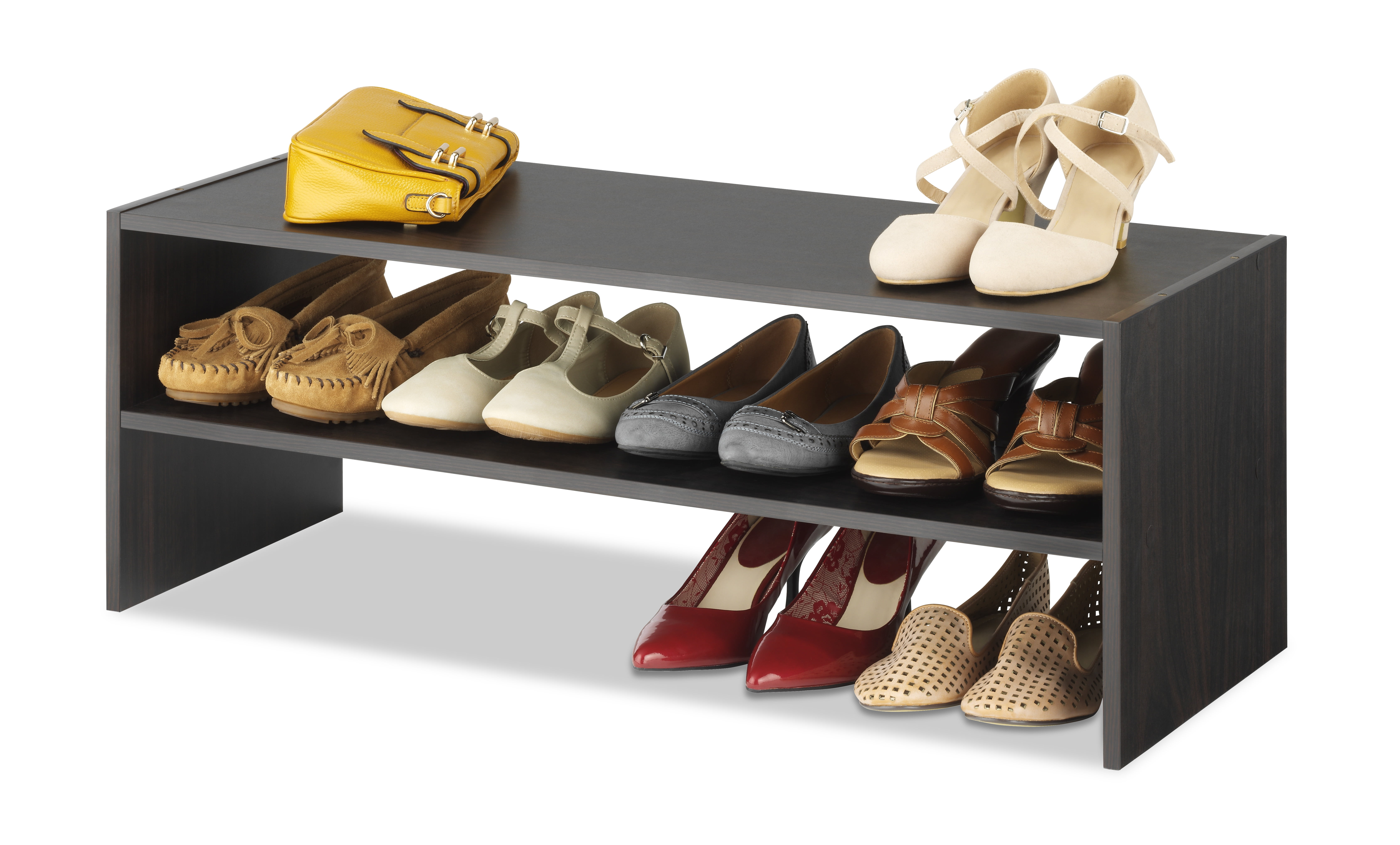 Espresso Stackable 2-Tier Wood and Metal Shoe Shelf