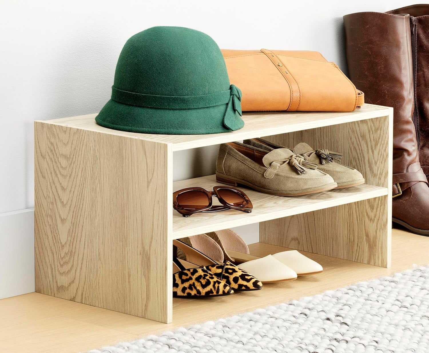 Whitmor Wood Stackable 2-Shelf Shoe Rack, White Oak, 24 inches ...
