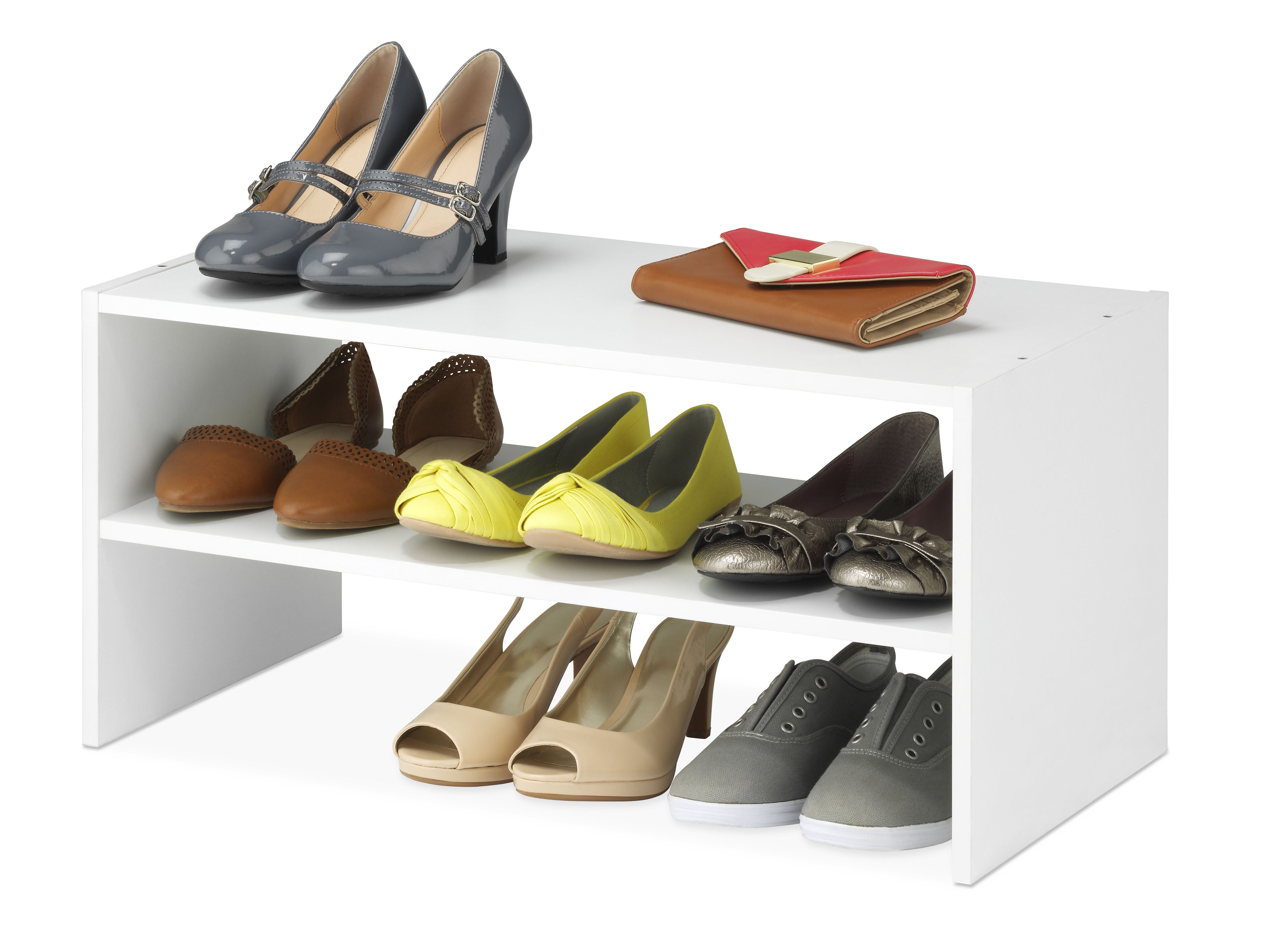 Whitmor 2 Tier Stackable Shoe Rack 9 Pair Shelf Organizer 24 inch White Wood Shelves Walmart