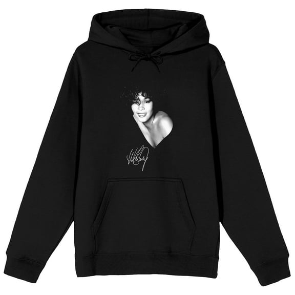 Whitney Houston Black & White Photo Cutout Long Sleeve Men's Black Hooded Sweatshirt-XXL