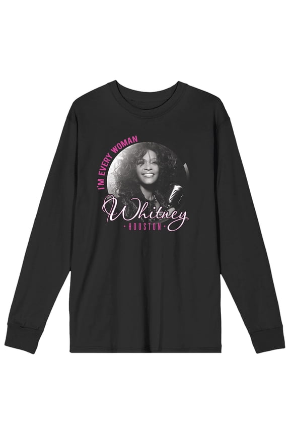 Whitney Houston Black and White Graphic Women's Black Long Sleeve Shirt-Large
