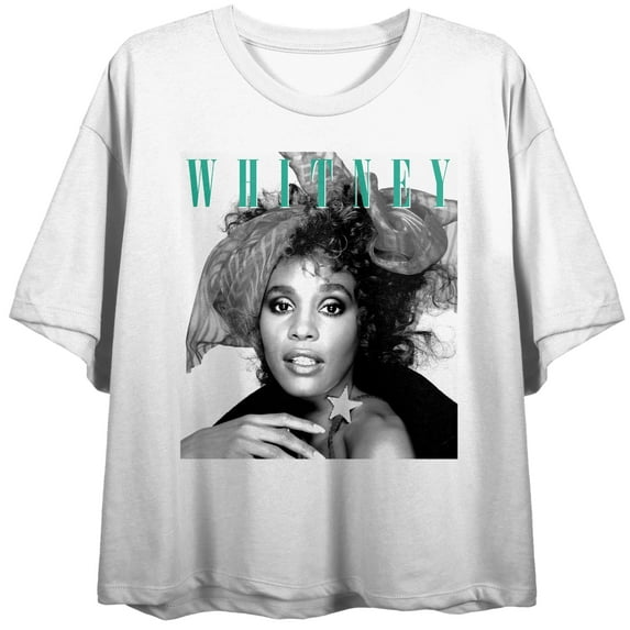 Whitney Houston Classic Photo Print Crew Neck Short Sleeve Women's White Crop T-shirt-Large