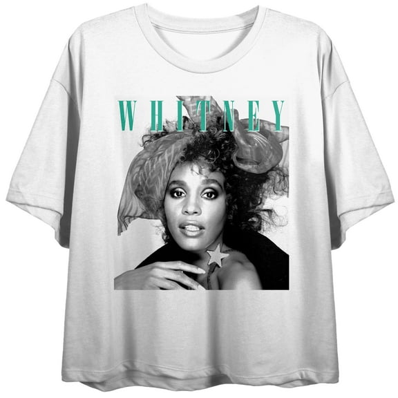 Whitney Houston Classic Photo Print Crew Neck Short Sleeve Women's White Crop T-shirt-XXL