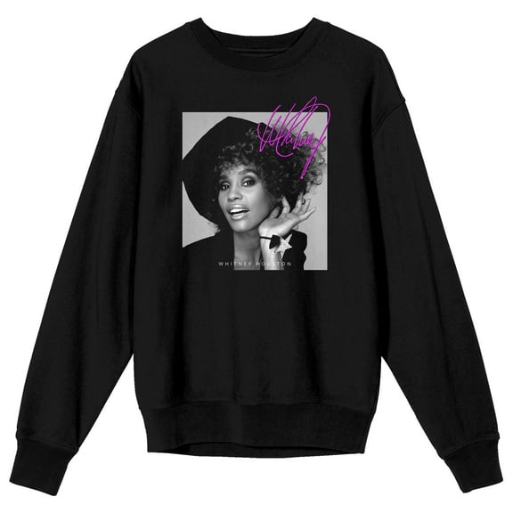 Whitney Houston Grayscale Face Crew Neck Long Sleeve Black Unisex Adult Sweatshirt-Medium