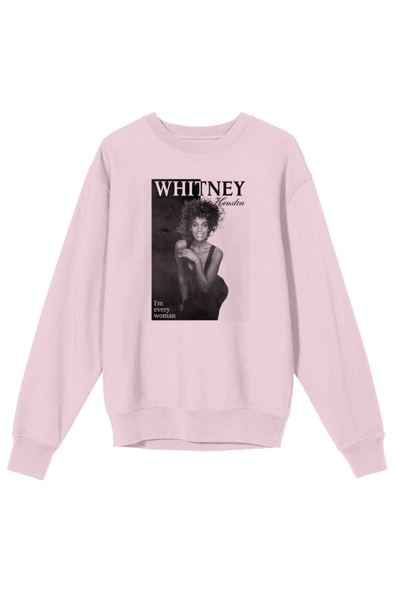 Whitney Houston Grayscale Photo Crew Neck Long Sleeve Cradle Pink Adult Sweatshirt-Medium