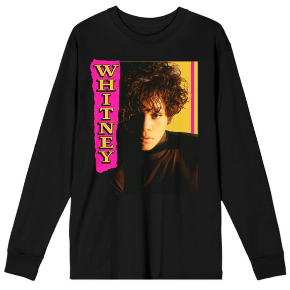 Whitney Houston Name Stripe Crew Neck Long Sleeve Men's Black Tee-Medium