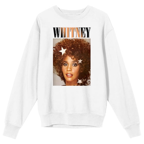 Whitney Houston Photo Print With Text Logo Crew Neck Long Sleeve White Adult Sweatshirt-Medium