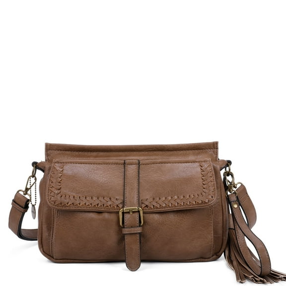 Whitney Womens Vegan Leather Laced Flap Messenger Crossbody Bag by Ampere Creations - Shiitake Brown
