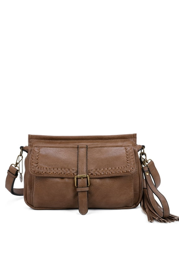Whitney Womens Vegan Leather Laced Flap Messenger Crossbody Bag by Ampere Creations - Shiitake Brown