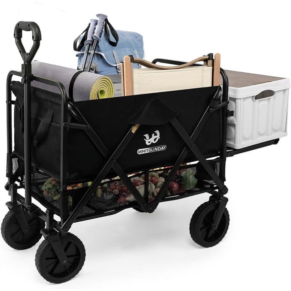 Whitsunday Collapsible Double Decker Wagon with Tailgate, Foldable Heavy Duty Foldable Wagon Cart with Wheels, Beach Wagon for Camping, Sports, Shopping, Garden Black, Large
