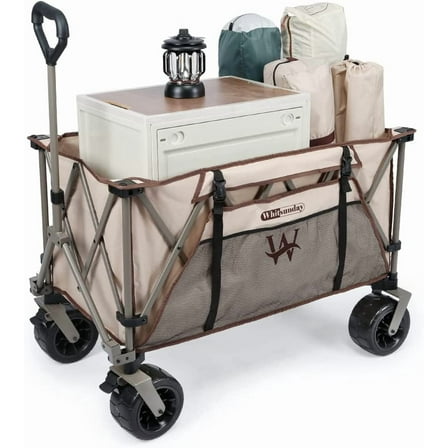 Whitsunday Heavy Duty Collapsible Wagon Cart, 380lb Load-Bearing Utility Wagon Cart with Big All Terrain Wheels, Folding Outdoor Wagon with Side Pocket for Beach, Camping, Outdoor Beige