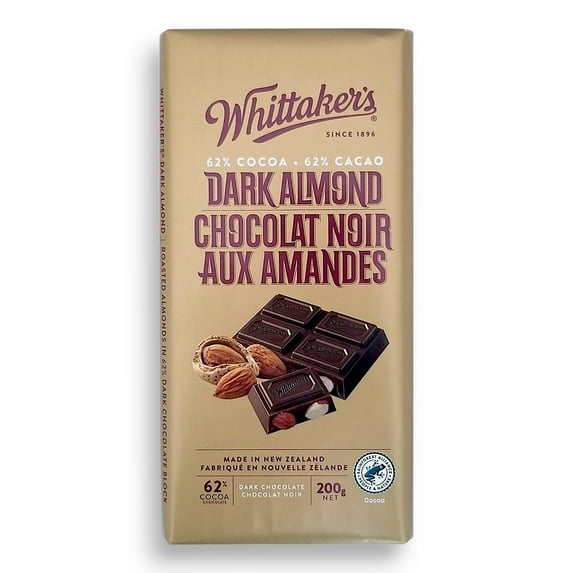 Whittaker's 62% Cocoa Dark Almond Chocolate Bar, 200g/7 oz.