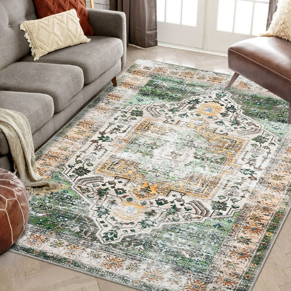 Garvee 10' x 13' Area Rug Vintage Persian Rug Print Distressed Carpet Rug No-Slip Low Pile Foldable Chenille Thin Rug for Living Room Bedroom, Orange Green