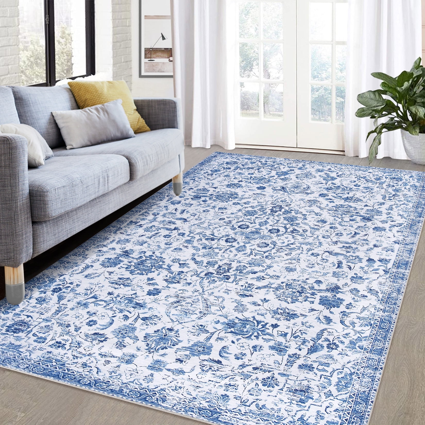 Garvee 10'x13' Large Vintage Rug Floral Print Area Rug Oriental Soft Foldable Thin Carpet Area Rugs for Living Room Bedroom, Blue